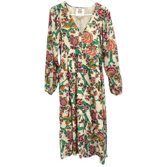 Figue Malina Belted Metallic Birds Floral Paradise Printed Midi Dress $625 Small - Picture 2 of 11